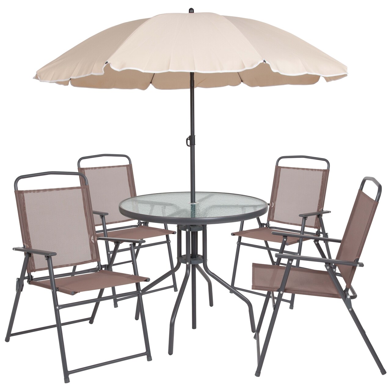 Emma and Oliver 6 Piece Patio Garden Set with Table, Umbrella and 4 Folding Chairs